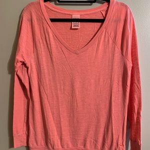 VEUC VS Pink Sz XS coral long sleeve, banded bottom & sleeve, distressed.